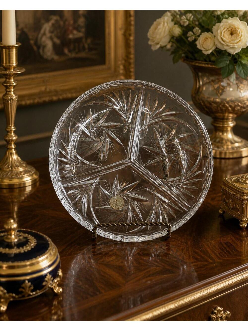 Clear Lead Crystal Starburst Divided Snack Serving Plate  Cut Glass Regencycore